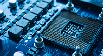 Electronic components in computer motherboard.
